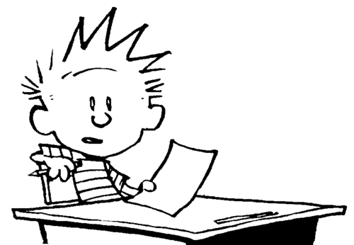 Calvin sitting at this Elementary school desk holding paper in his left hand and a pencil in his right hand