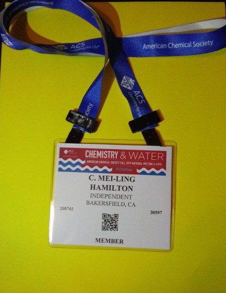 C. Mei-Ling HAMILTON ACS National Fall Meeting & Exposition Name Tag on Royal a Blue ACS lanyard on Yellow background