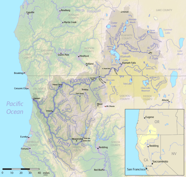 Map of the Klamath River Basin spanning between Oregon and California
